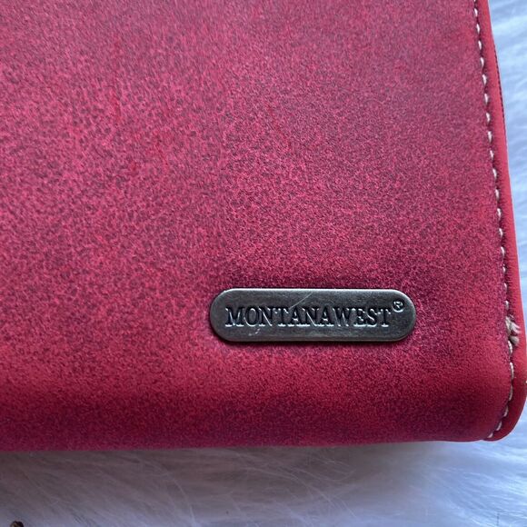 Montana West Leather Wallet Clutch Red Silver Bedazzled Western Zip Up Jeweled - Picture 4 of 11